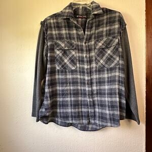 Marino Bay Natural Cut-Off Flannel Shirt Thermal Sleeves Navy/Charcoal Plaid, M